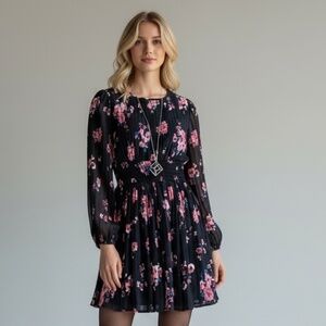 Leith Black Floral Pleated Dress – Size XS